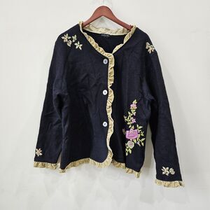 Tally Ho Womens Floral Embroidered Wool Jacket Velvet Trim Artsy Cottagecore